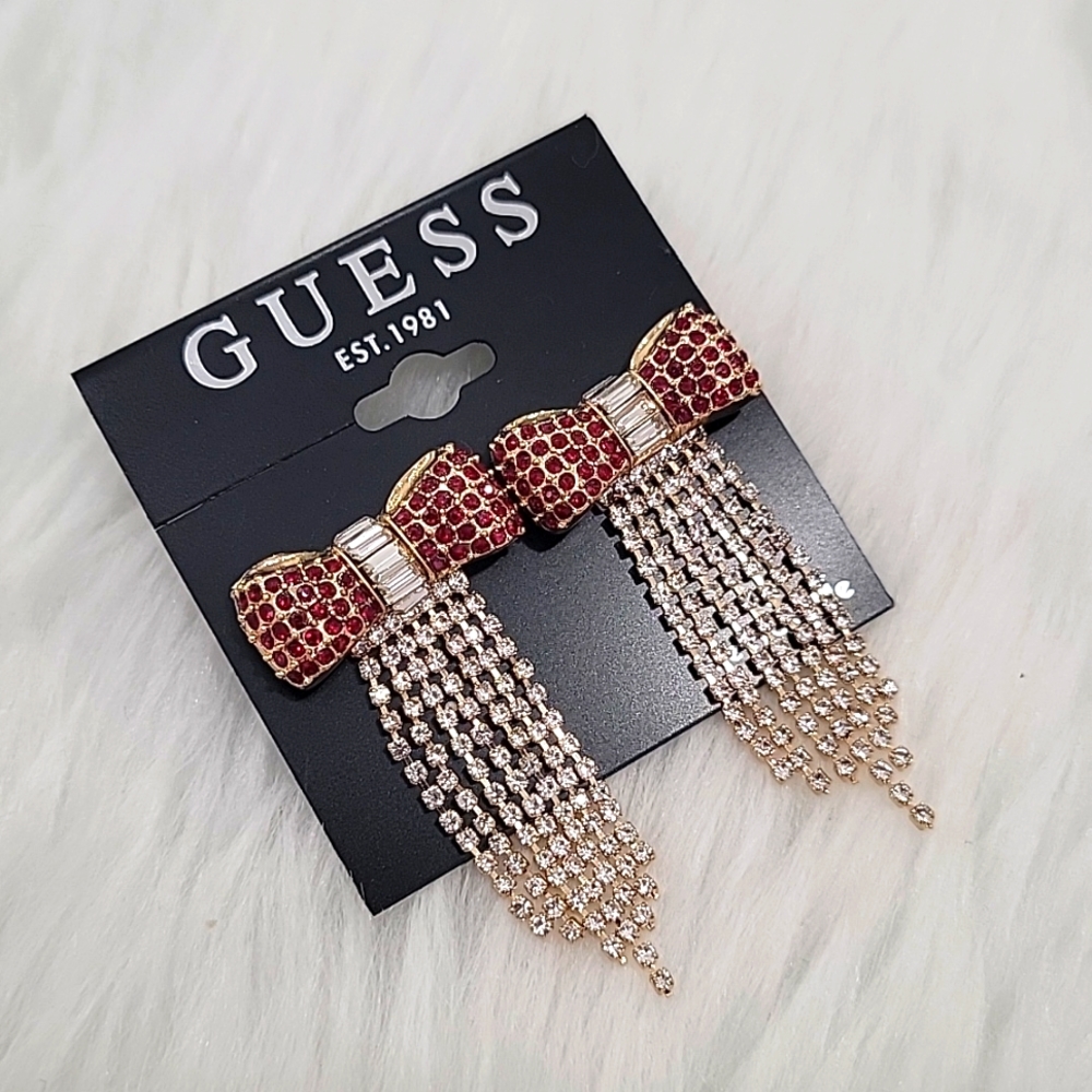 GUESS Crystal Bow & Rhinestone Fringe Statement Earrings